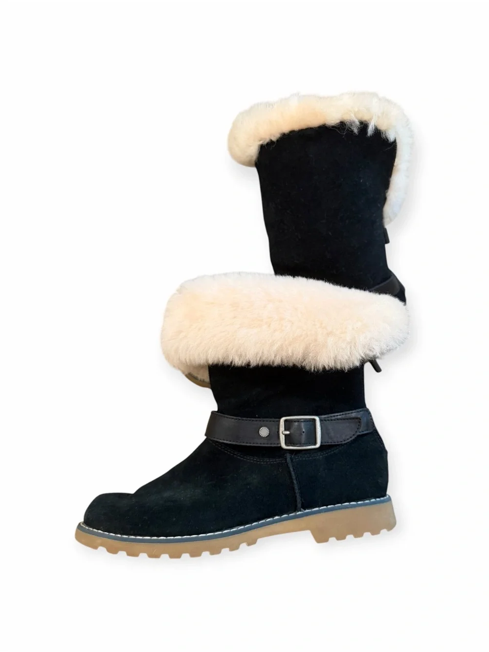 NWOT, UGG, Kids Black Suede Boots with Shearling Trim, Size 4